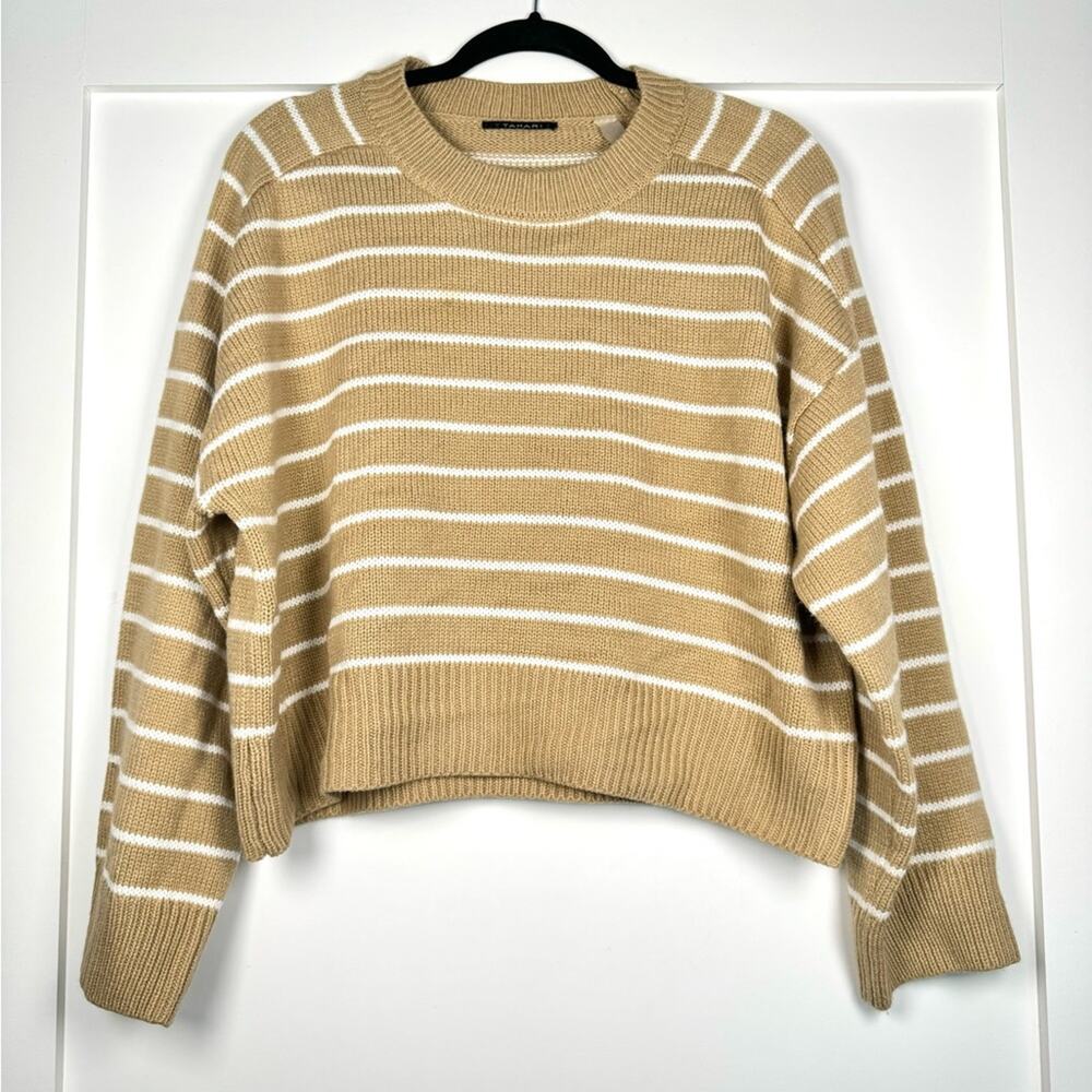 T Tahhari Tan Striped Drop Shoulder Soft Thick Sweater Size Large